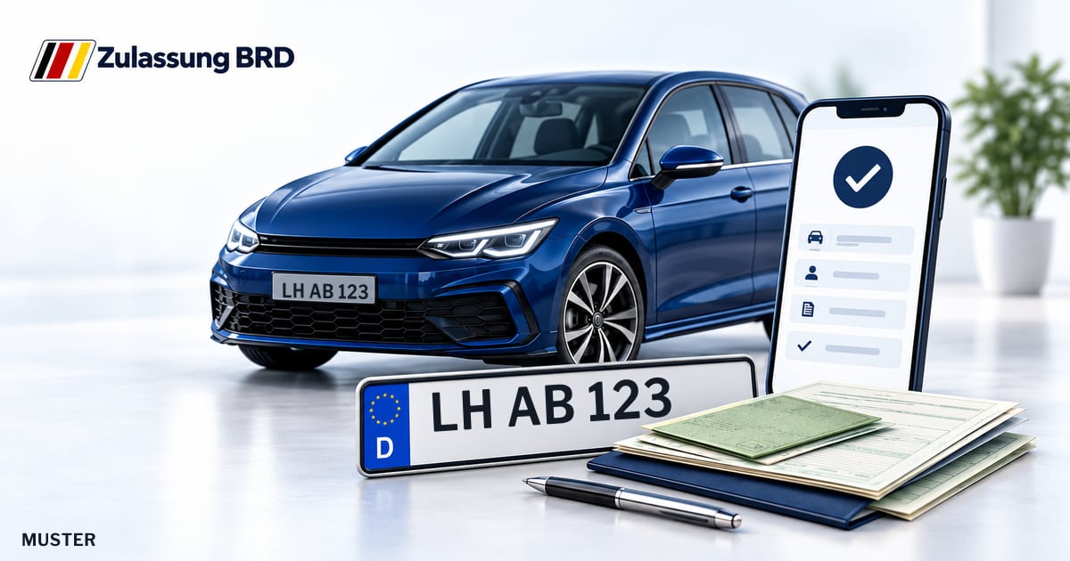 Online Fahrzeugzulassung in Bergkamen: Musterkennzeichen LH AB 123, Auto und Fahrzeugpapiere und Smartphone. Illustration mit Logo von Zulassung BRD.